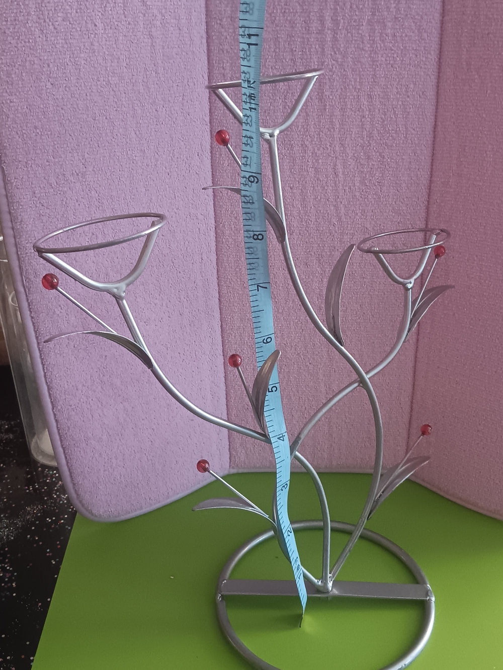 Vintage Silver Floral Metal Candle Holder with Red Accent Beads